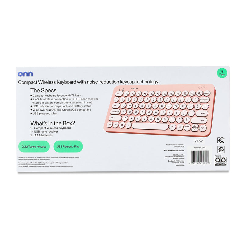 onn Mini Wireless Office Keyboard with USB Receiver, Pearl Blush Pink