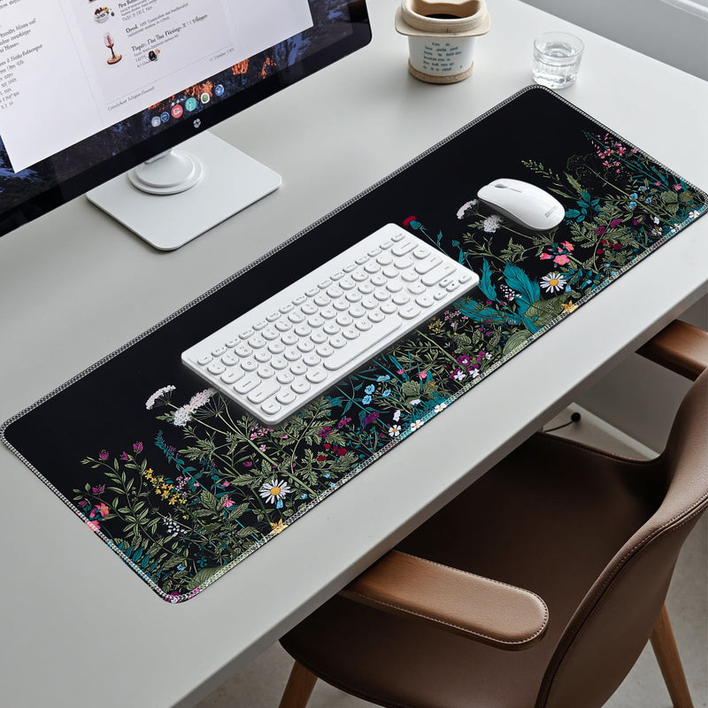 Desk Mat, Big Desk Pad, 31.5 x 11.8in Extended Gaming Mouse Pad, Large Mouse Pad for Desk Rubber Base Mousepad with Stitched Edges, Keyboard Mouse Mat for Work, Game, Office, Home - Weeds