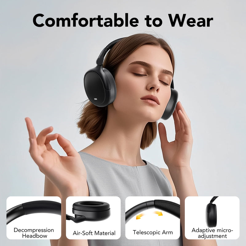Hybrid Active Noise Cancelling -45dB, Bluetooth Headphones 5.4, 50H Playtime Earbuds, Clear Call with 4 Mics, Bass Boosted by 90%, Comfort Fit Over Ear Headphones for Travel Home Office PC Black