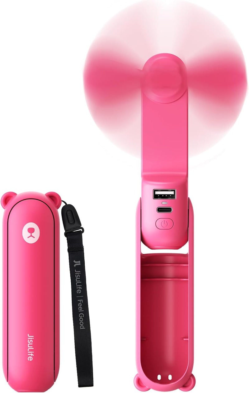 JISULIFE Handheld Mini Fan, 3 IN 1 USB Rechargeable Portable Fan [12-19 Working Hours] with Power Bank, Flashlight, Pocket Design for Travel/Summer/Concerts/Lash, Gifts for Women (Pink)