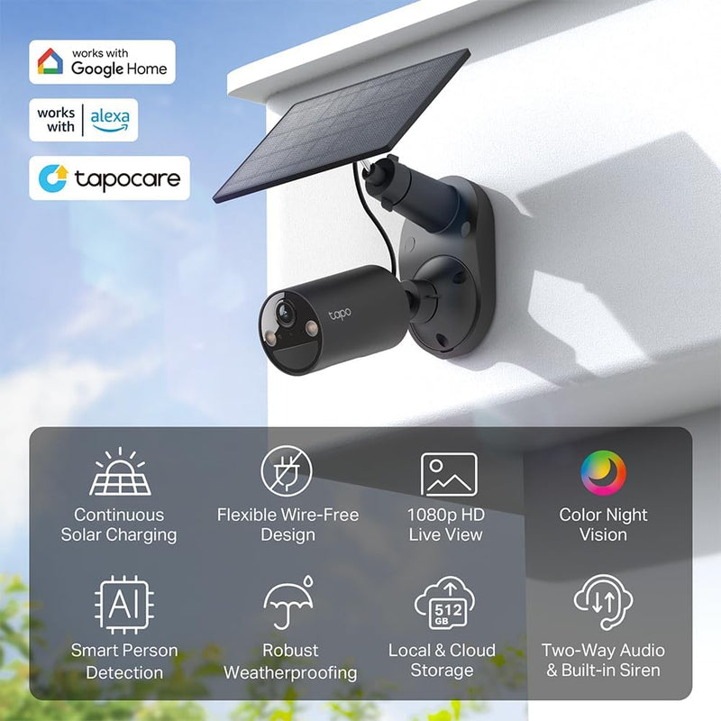 TP-Link 𝗧𝗮𝗽𝗼 SolarCam C402 Kit, Outdoor Battery Camera w/Solar Panel Base, Wireless, 1080P, Free Person/Vehicle Detection, SD/Cloud Storage, Color Night Vision, No Hub Needed, Works w/Alexa