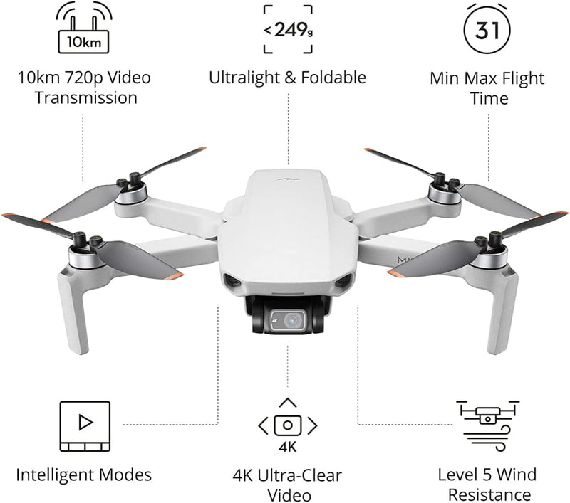 DJI Mini 4K Camera Drone Combo, Drone with 4K UHD Camera for Adults, Under 249 g, 3-Axis Gimbal Stabilization, 10km Video Transmission, Auto Return, 2 Batteries for 62-Min Max Flight Time, QuickShots