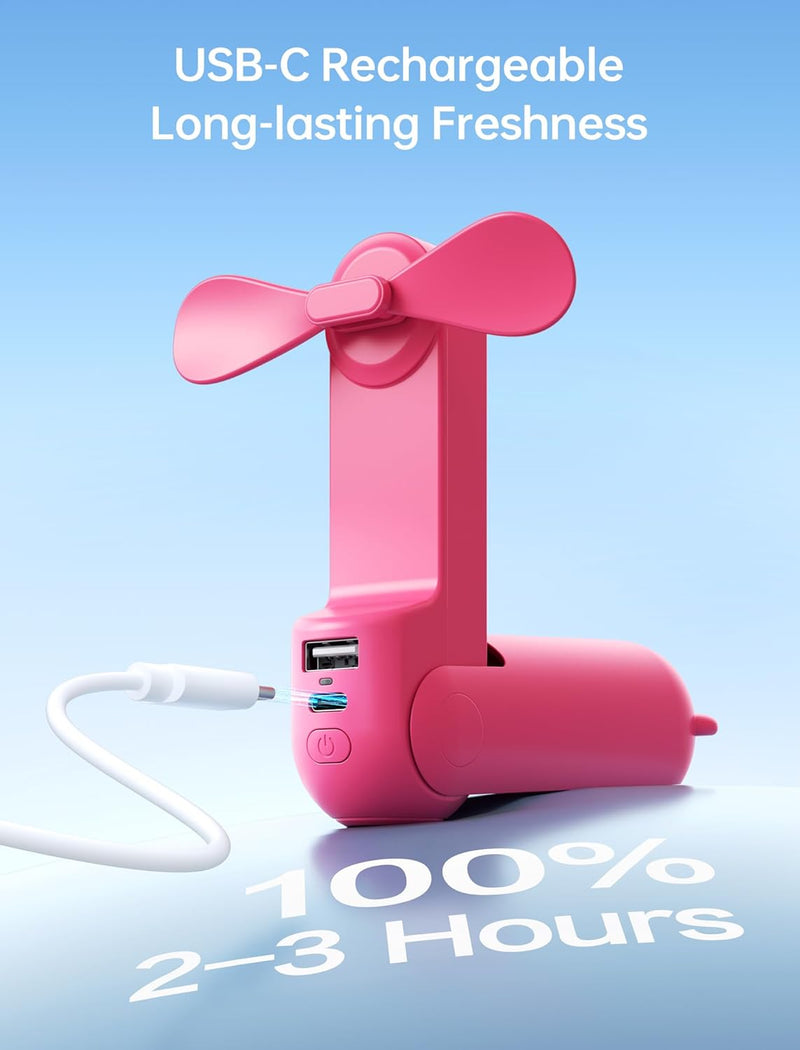 JISULIFE Handheld Mini Fan, 3 IN 1 USB Rechargeable Portable Fan [12-19 Working Hours] with Power Bank, Flashlight, Pocket Design for Travel/Summer/Concerts/Lash, Gifts for Women (Pink)