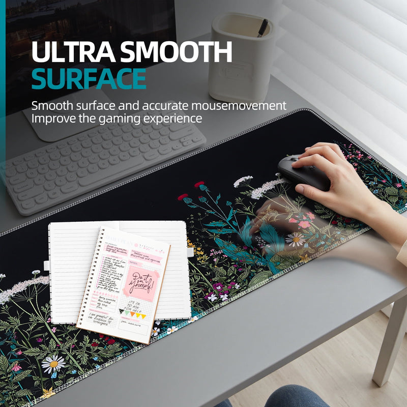 Desk Mat, Big Desk Pad, 31.5 x 11.8in Extended Gaming Mouse Pad, Large Mouse Pad for Desk Rubber Base Mousepad with Stitched Edges, Keyboard Mouse Mat for Work, Game, Office, Home - Weeds