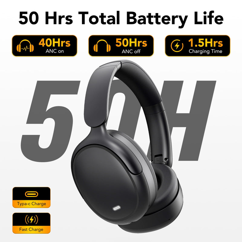 Hybrid Active Noise Cancelling -45dB, Bluetooth Headphones 5.4, 50H Playtime Earbuds, Clear Call with 4 Mics, Bass Boosted by 90%, Comfort Fit Over Ear Headphones for Travel Home Office PC Black