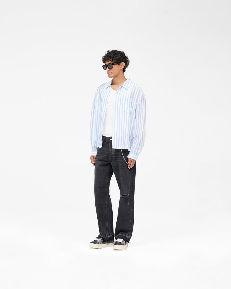 Long Sleeve Sheer Stripe Boxy Shirt - Ice Blue