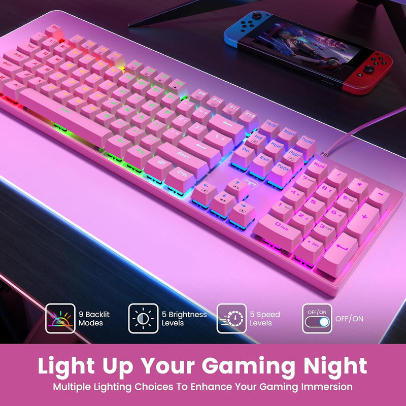 RisoPhy Mechanical Gaming Keyboard, RGB 104 Keys Ultra-Slim LED Backlit USB Wired Keyboard with Blue Switch, Durable Abs Keycaps/Anti-Ghosting/Spill-Resistant Computer Keyboard for PC Mac Xbox Gamer
