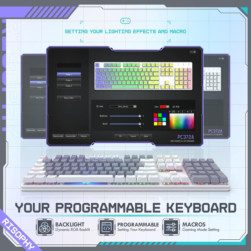 RisoPhy Mechanical Gaming Keyboard, RGB 104 Keys Ultra-Slim LED Backlit USB Wired Keyboard with Blue Switch, Durable Abs Keycaps/Anti-Ghosting/Spill-Resistant Computer Keyboard for PC Mac Xbox Gamer