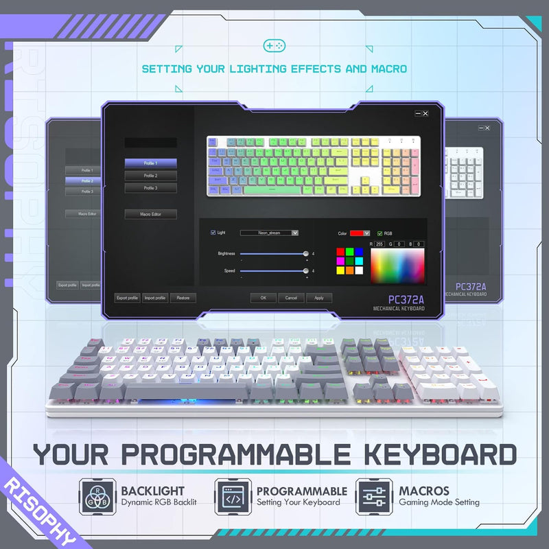 RisoPhy Mechanical Gaming Keyboard, RGB 104 Keys Ultra-Slim LED Backlit USB Wired Keyboard with Blue Switch, Durable Abs Keycaps/Anti-Ghosting/Spill-Resistant Computer Keyboard for PC Mac Xbox Gamer