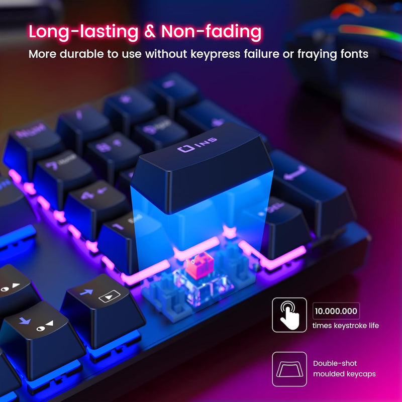 RisoPhy Mechanical Gaming Keyboard, RGB 104 Keys Ultra-Slim LED Backlit USB Wired Keyboard with Blue Switch, Durable Abs Keycaps/Anti-Ghosting/Spill-Resistant Computer Keyboard for PC Mac Xbox Gamer