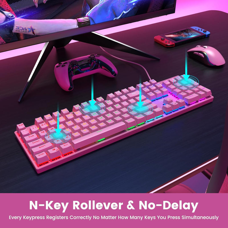RisoPhy Mechanical Gaming Keyboard, RGB 104 Keys Ultra-Slim LED Backlit USB Wired Keyboard with Blue Switch, Durable Abs Keycaps/Anti-Ghosting/Spill-Resistant Computer Keyboard for PC Mac Xbox Gamer