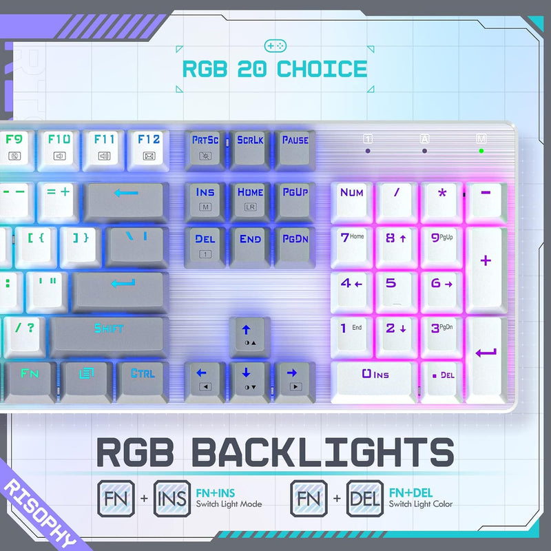 RisoPhy Mechanical Gaming Keyboard, RGB 104 Keys Ultra-Slim LED Backlit USB Wired Keyboard with Blue Switch, Durable Abs Keycaps/Anti-Ghosting/Spill-Resistant Computer Keyboard for PC Mac Xbox Gamer
