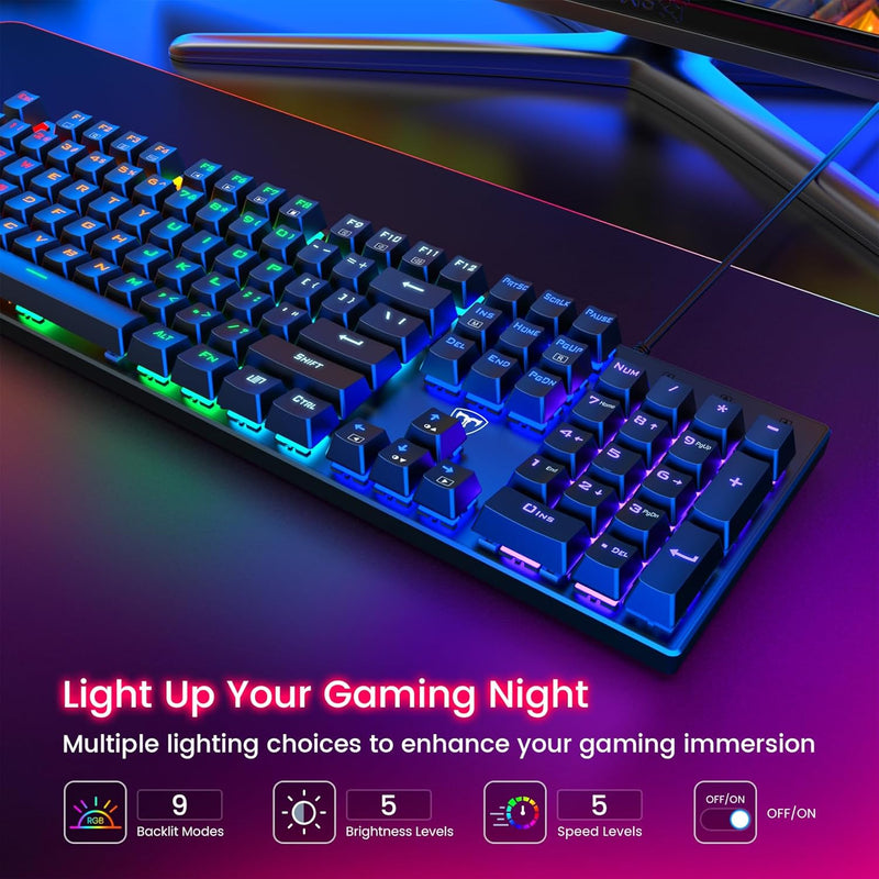 RisoPhy Mechanical Gaming Keyboard, RGB 104 Keys Ultra-Slim LED Backlit USB Wired Keyboard with Blue Switch, Durable Abs Keycaps/Anti-Ghosting/Spill-Resistant Computer Keyboard for PC Mac Xbox Gamer