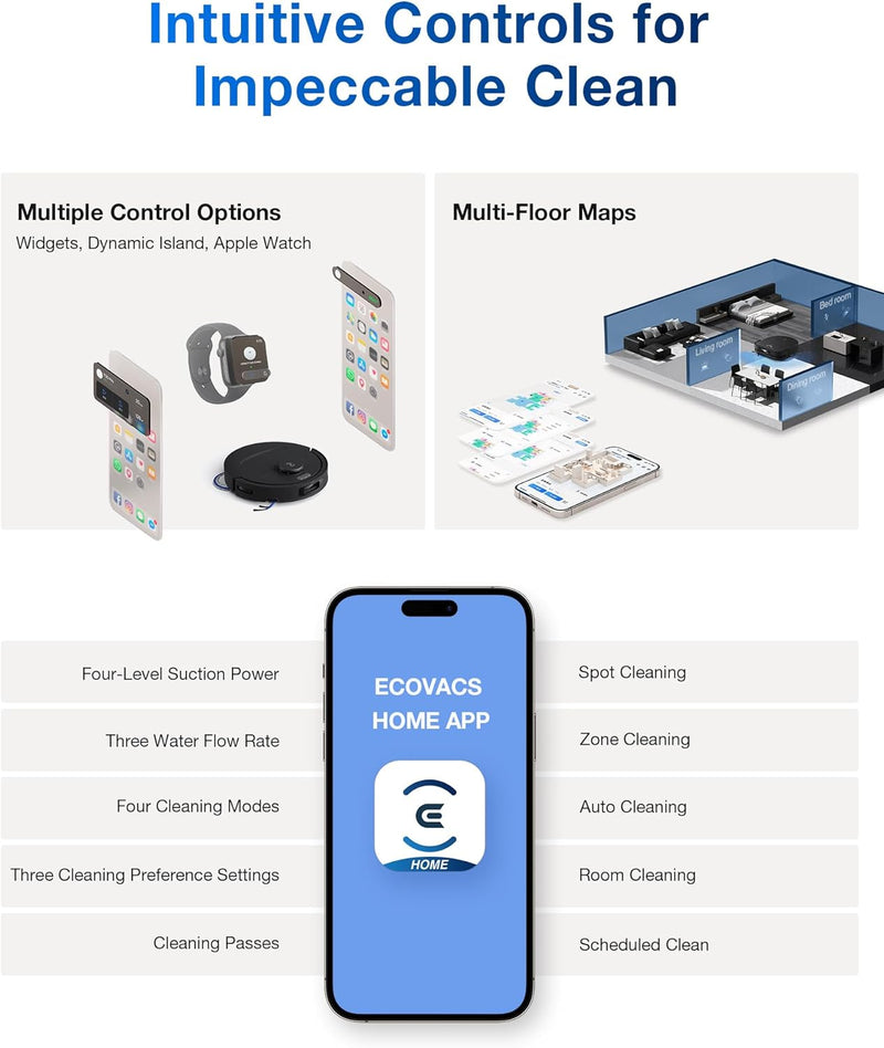 ECOVACS DEEBOT T80 Omni Robot Vacuum and Mop, 18,000Pa Suction, OZMO™ Roller Real-Time Mop Washing, Self-Emptying, Hot Air Drying, AI Navigation, Anti-Tangle Brush, for Pets, Carpets & Hard Floors