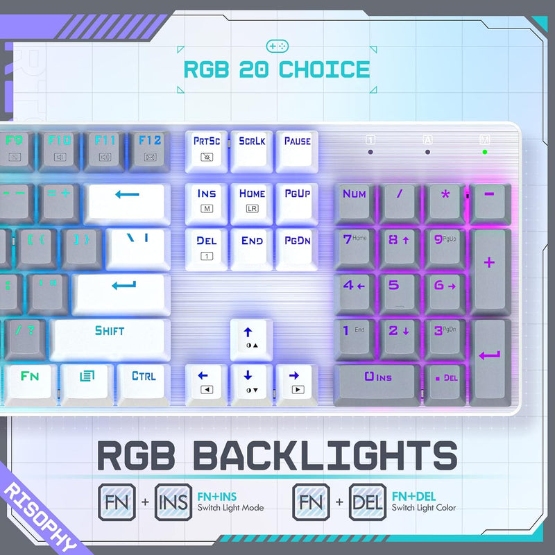 RisoPhy Mechanical Gaming Keyboard, RGB 104 Keys Ultra-Slim LED Backlit USB Wired Keyboard with Blue Switch, Durable Abs Keycaps/Anti-Ghosting/Spill-Resistant Computer Keyboard for PC Mac Xbox Gamer