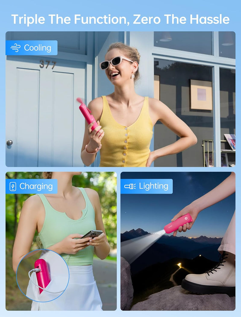JISULIFE Handheld Mini Fan, 3 IN 1 USB Rechargeable Portable Fan [12-19 Working Hours] with Power Bank, Flashlight, Pocket Design for Travel/Summer/Concerts/Lash, Gifts for Women (Pink)