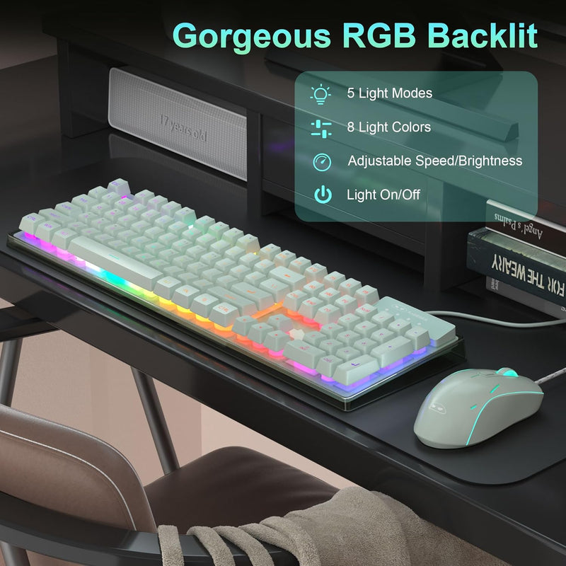Gaming Keyboard and Mouse Combo, K1 RGB LED Backlit Keyboard with 104 Key for PC/Laptop(White)