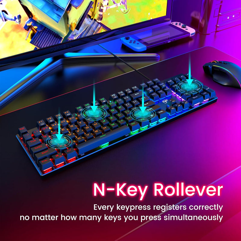 RisoPhy Mechanical Gaming Keyboard, RGB 104 Keys Ultra-Slim LED Backlit USB Wired Keyboard with Blue Switch, Durable Abs Keycaps/Anti-Ghosting/Spill-Resistant Computer Keyboard for PC Mac Xbox Gamer