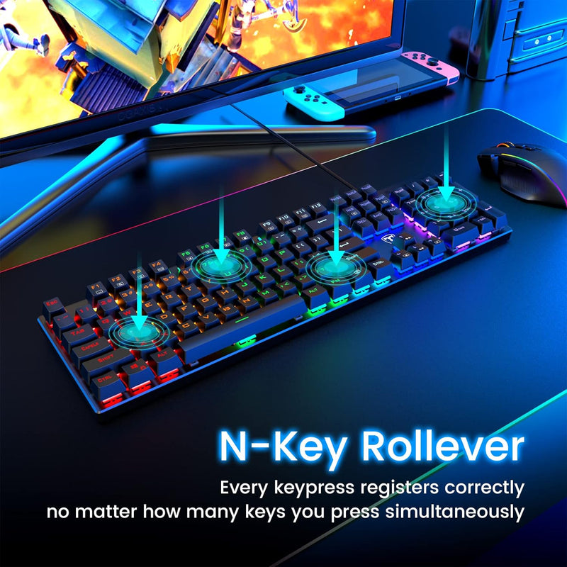 RisoPhy Mechanical Gaming Keyboard, RGB 104 Keys Ultra-Slim LED Backlit USB Wired Keyboard with Blue Switch, Durable Abs Keycaps/Anti-Ghosting/Spill-Resistant Computer Keyboard for PC Mac Xbox Gamer