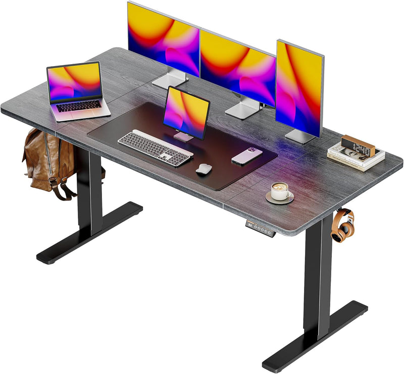 Huuger 55 x 28 Large Electric Standing Desk, Height Adjustable Computer Desk, 27.6" Deep Desktop, Stand up Gaming Office Table with 2 Hooks, 3 Preset Heights, for Home Office, Black