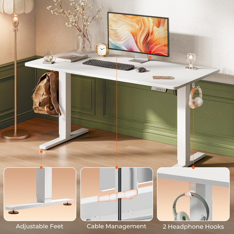Huuger 55 x 28 Large Electric Standing Desk, Height Adjustable Computer Desk, 27.6" Deep Desktop, Stand up Gaming Office Table with 2 Hooks, 3 Preset Heights, for Home Office, Black