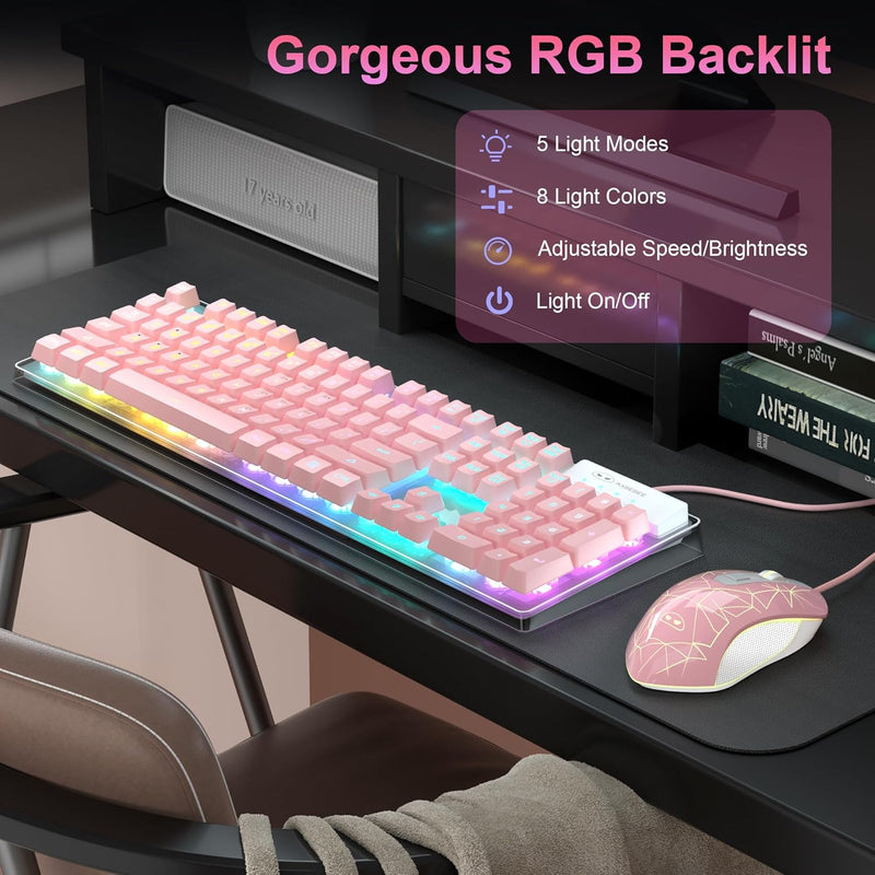 Gaming Keyboard and Mouse Combo, K1 RGB LED Backlit Keyboard with 104 Key for PC/Laptop(White)