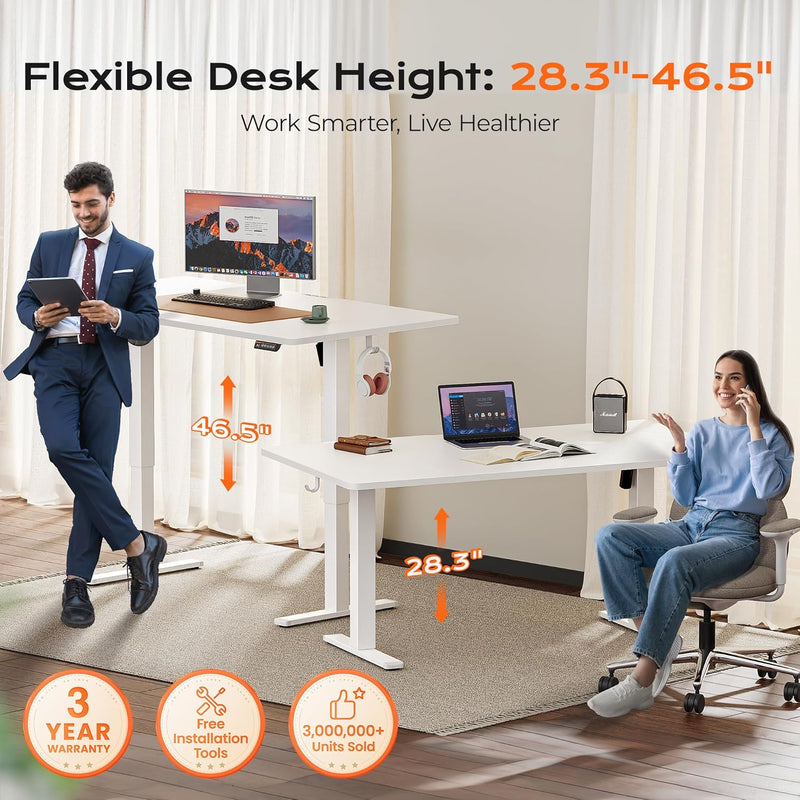 Huuger 55 x 28 Large Electric Standing Desk, Height Adjustable Computer Desk, 27.6" Deep Desktop, Stand up Gaming Office Table with 2 Hooks, 3 Preset Heights, for Home Office, Black