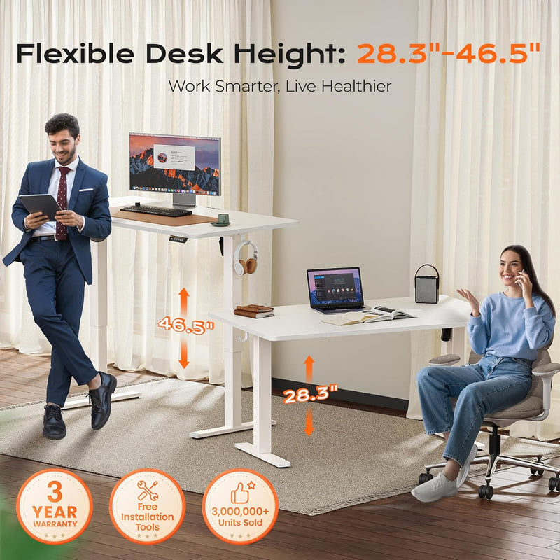 Huuger 55 x 28 Large Electric Standing Desk, Height Adjustable Computer Desk, 27.6" Deep Desktop, Stand up Gaming Office Table with 2 Hooks, 3 Preset Heights, for Home Office, Black