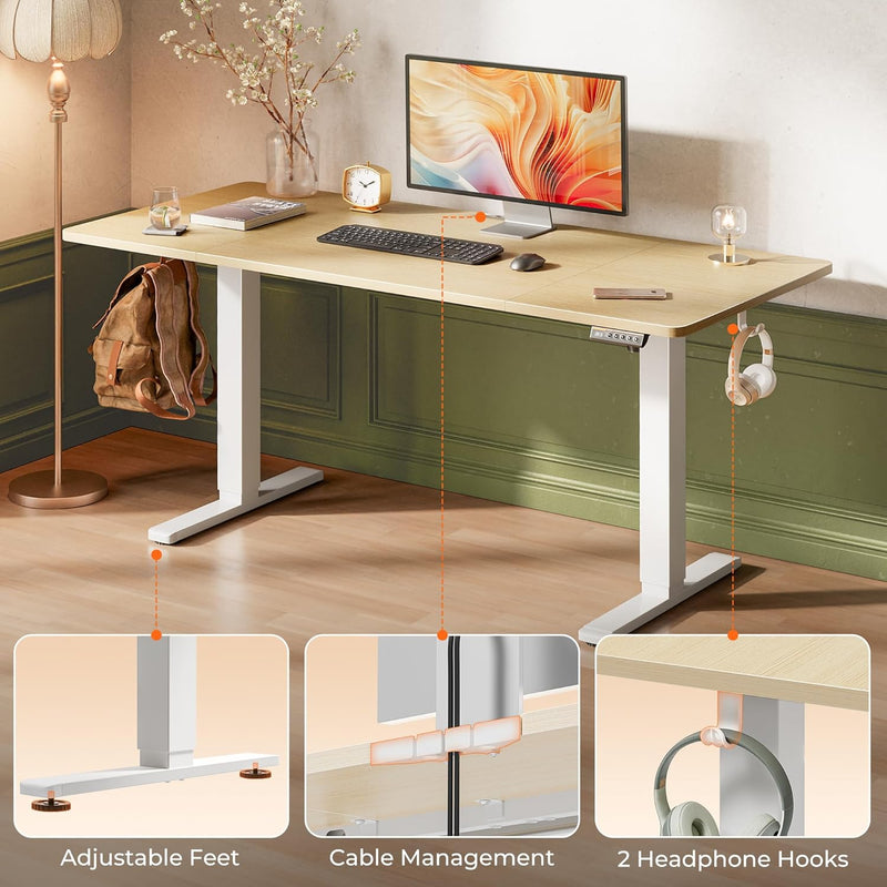 Huuger 55 x 28 Large Electric Standing Desk, Height Adjustable Computer Desk, 27.6" Deep Desktop, Stand up Gaming Office Table with 2 Hooks, 3 Preset Heights, for Home Office, Black