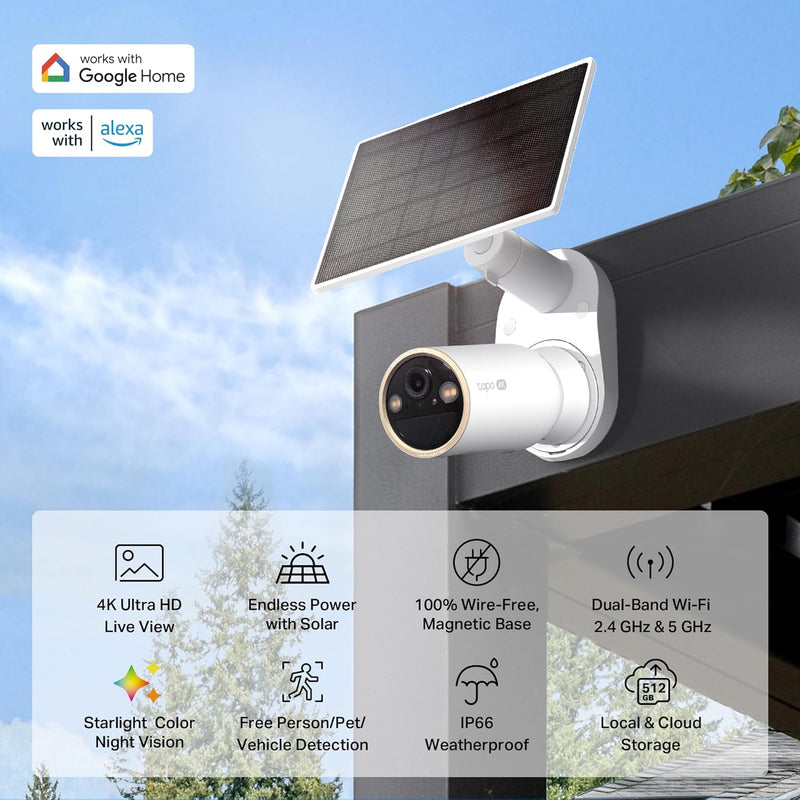 TP-Link 𝗧𝗮𝗽𝗼 SolarCam C402 Kit, Outdoor Battery Camera w/Solar Panel Base, Wireless, 1080P, Free Person/Vehicle Detection, SD/Cloud Storage, Color Night Vision, No Hub Needed, Works w/Alexa