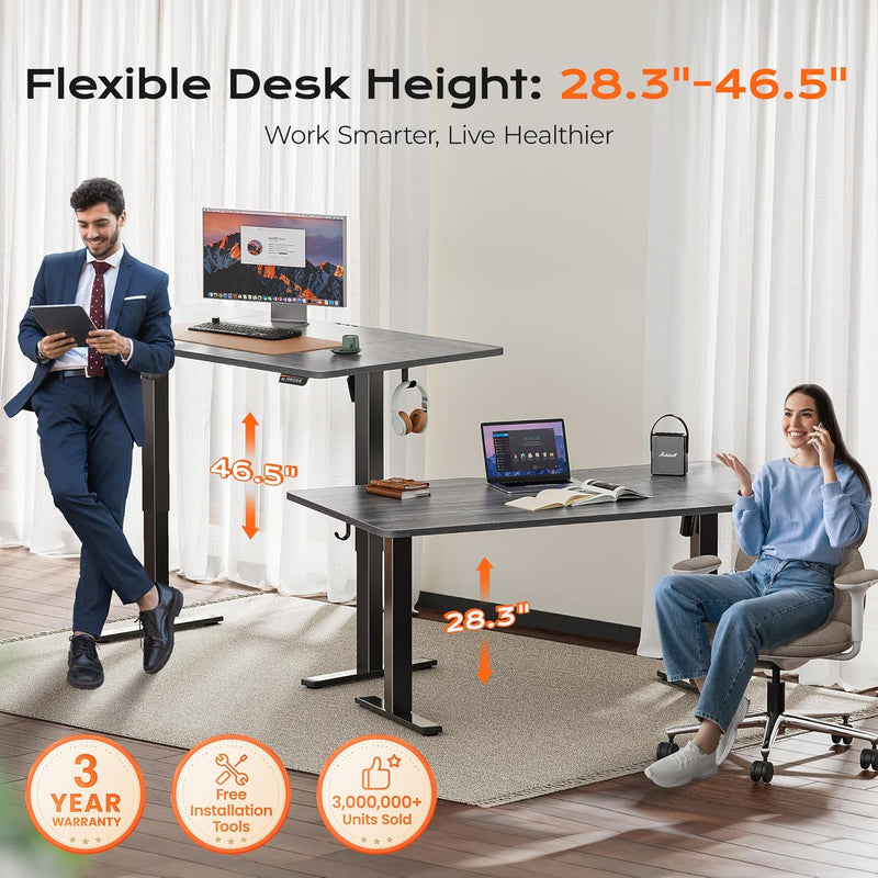Huuger 55 x 28 Large Electric Standing Desk, Height Adjustable Computer Desk, 27.6" Deep Desktop, Stand up Gaming Office Table with 2 Hooks, 3 Preset Heights, for Home Office, Black