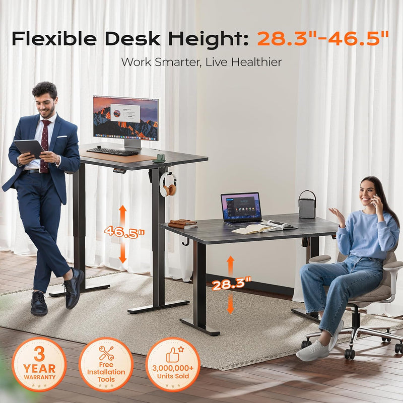 Huuger 55 x 28 Large Electric Standing Desk, Height Adjustable Computer Desk, 27.6" Deep Desktop, Stand up Gaming Office Table with 2 Hooks, 3 Preset Heights, for Home Office, Black
