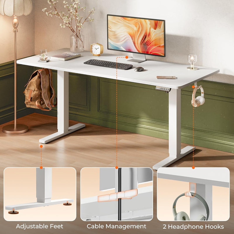 Huuger 55 x 28 Large Electric Standing Desk, Height Adjustable Computer Desk, 27.6" Deep Desktop, Stand up Gaming Office Table with 2 Hooks, 3 Preset Heights, for Home Office, Black