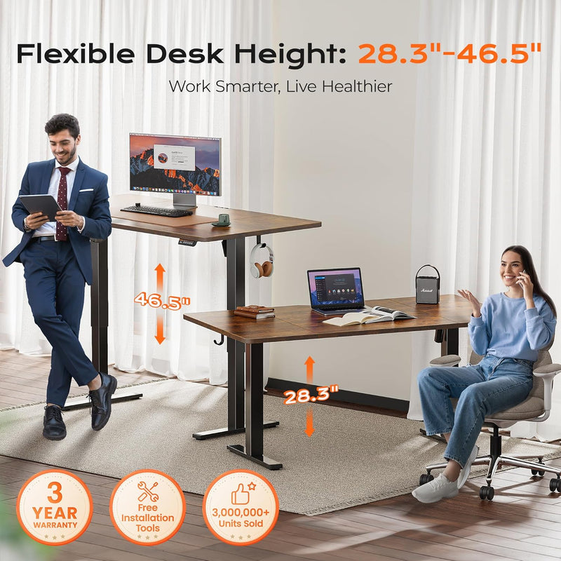 Huuger 55 x 28 Large Electric Standing Desk, Height Adjustable Computer Desk, 27.6" Deep Desktop, Stand up Gaming Office Table with 2 Hooks, 3 Preset Heights, for Home Office, Black