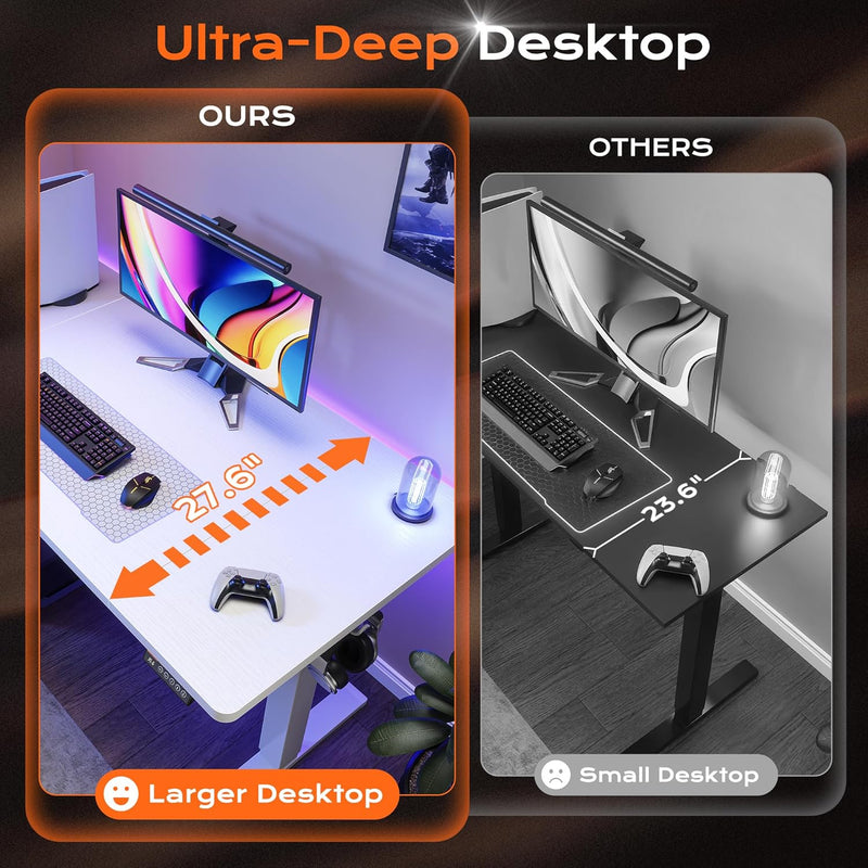 Huuger 55 x 28 Large Electric Standing Desk, Height Adjustable Computer Desk, 27.6" Deep Desktop, Stand up Gaming Office Table with 2 Hooks, 3 Preset Heights, for Home Office, Black