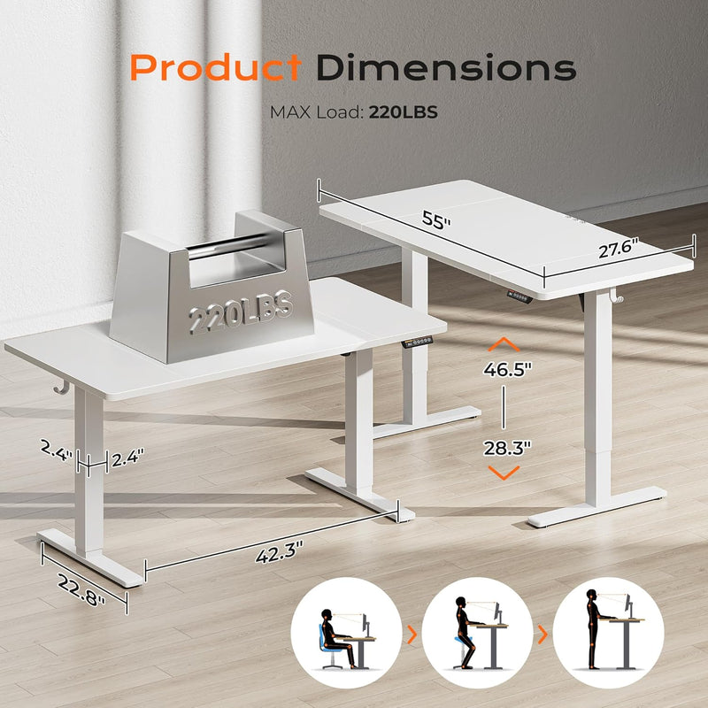 Huuger 55 x 28 Large Electric Standing Desk, Height Adjustable Computer Desk, 27.6" Deep Desktop, Stand up Gaming Office Table with 2 Hooks, 3 Preset Heights, for Home Office, Black