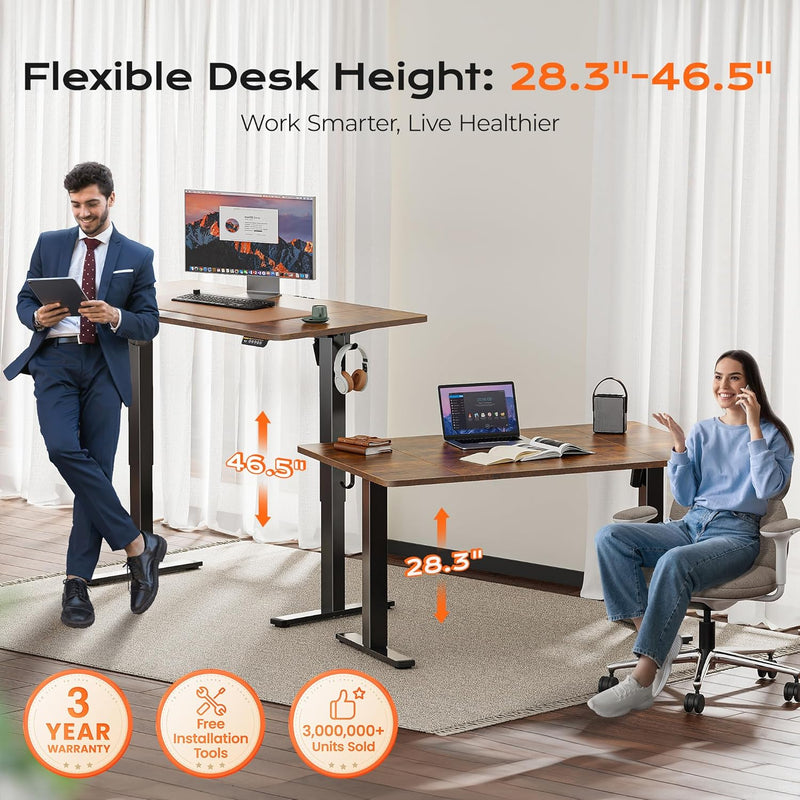 Huuger 55 x 28 Large Electric Standing Desk, Height Adjustable Computer Desk, 27.6" Deep Desktop, Stand up Gaming Office Table with 2 Hooks, 3 Preset Heights, for Home Office, Black
