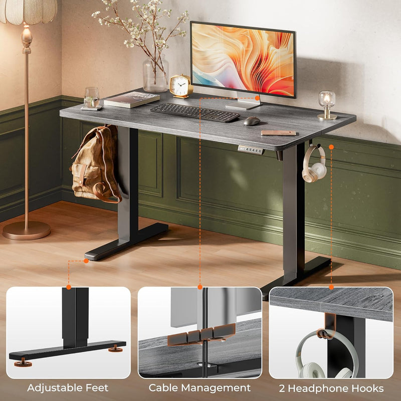 Huuger 55 x 28 Large Electric Standing Desk, Height Adjustable Computer Desk, 27.6" Deep Desktop, Stand up Gaming Office Table with 2 Hooks, 3 Preset Heights, for Home Office, Black