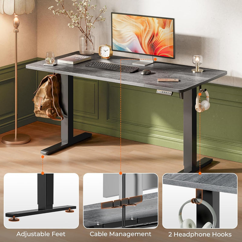 Huuger 55 x 28 Large Electric Standing Desk, Height Adjustable Computer Desk, 27.6" Deep Desktop, Stand up Gaming Office Table with 2 Hooks, 3 Preset Heights, for Home Office, Black