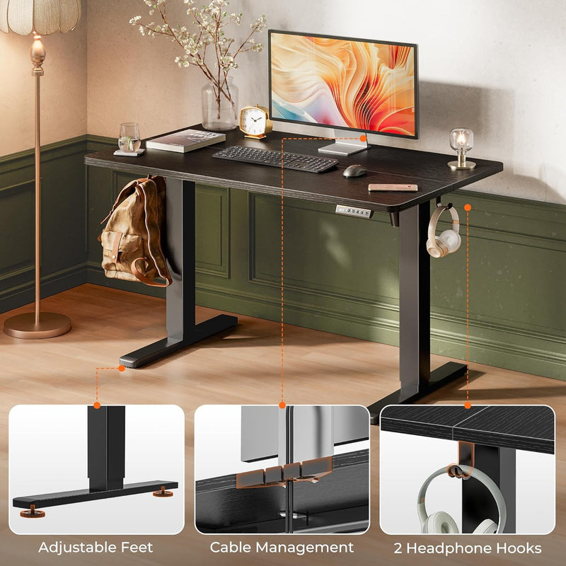 Huuger 55 x 28 Large Electric Standing Desk, Height Adjustable Computer Desk, 27.6" Deep Desktop, Stand up Gaming Office Table with 2 Hooks, 3 Preset Heights, for Home Office, Black