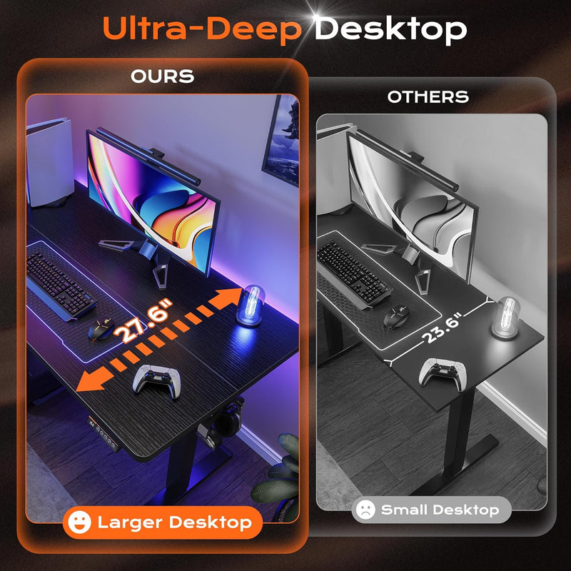 Huuger 55 x 28 Large Electric Standing Desk, Height Adjustable Computer Desk, 27.6" Deep Desktop, Stand up Gaming Office Table with 2 Hooks, 3 Preset Heights, for Home Office, Black