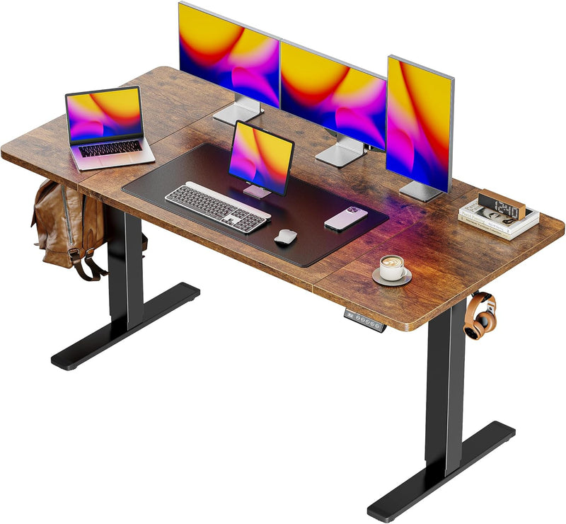 Huuger 55 x 28 Large Electric Standing Desk, Height Adjustable Computer Desk, 27.6" Deep Desktop, Stand up Gaming Office Table with 2 Hooks, 3 Preset Heights, for Home Office, Black