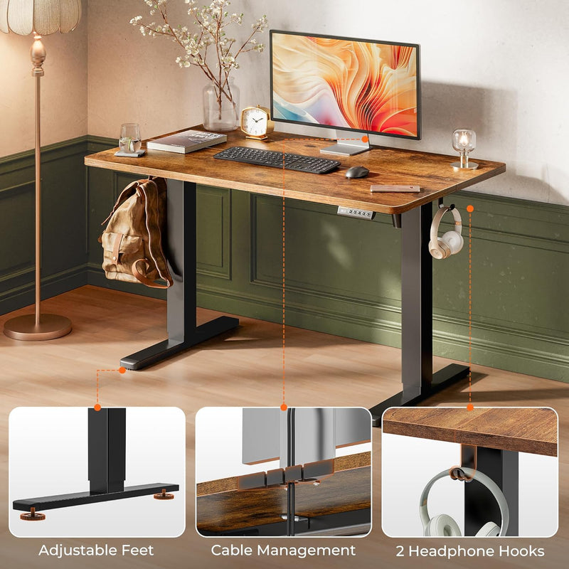 Huuger 55 x 28 Large Electric Standing Desk, Height Adjustable Computer Desk, 27.6" Deep Desktop, Stand up Gaming Office Table with 2 Hooks, 3 Preset Heights, for Home Office, Black