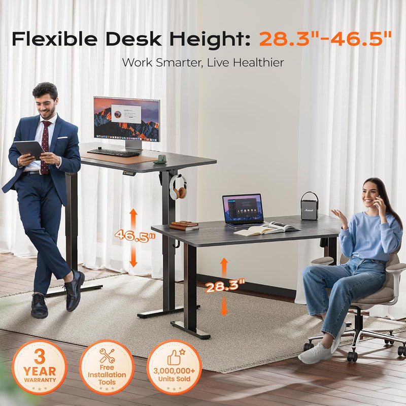 Huuger 55 x 28 Large Electric Standing Desk, Height Adjustable Computer Desk, 27.6" Deep Desktop, Stand up Gaming Office Table with 2 Hooks, 3 Preset Heights, for Home Office, Black