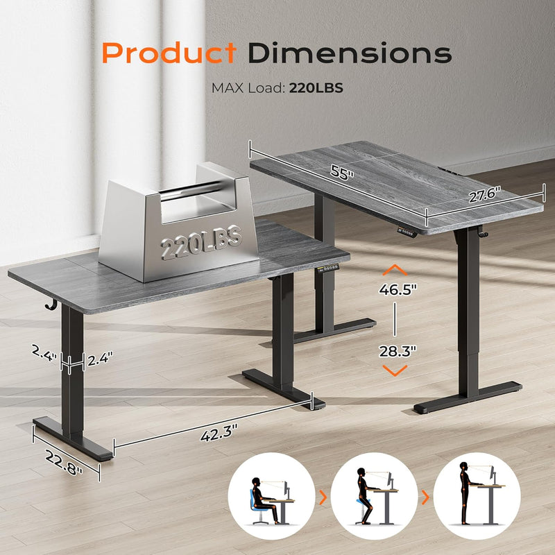 Huuger 55 x 28 Large Electric Standing Desk, Height Adjustable Computer Desk, 27.6" Deep Desktop, Stand up Gaming Office Table with 2 Hooks, 3 Preset Heights, for Home Office, Black