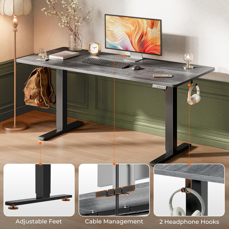Huuger 55 x 28 Large Electric Standing Desk, Height Adjustable Computer Desk, 27.6" Deep Desktop, Stand up Gaming Office Table with 2 Hooks, 3 Preset Heights, for Home Office, Black