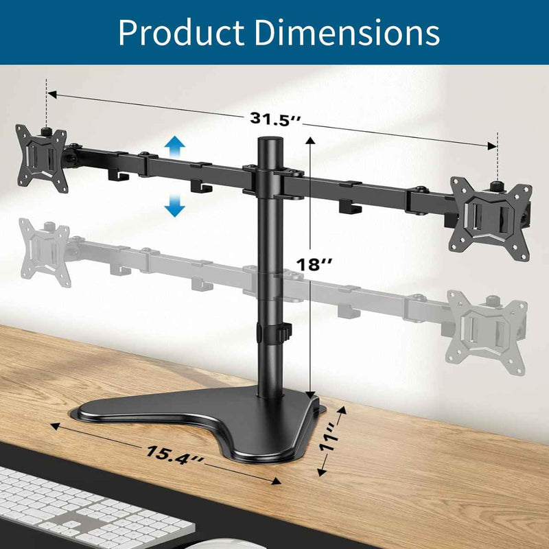 Dual Monitor Stand for Two 13-32 inch Flat Curved LCD Screens with Swivel, Tilt, Rotation & Height Adjustable Free Standing, Black