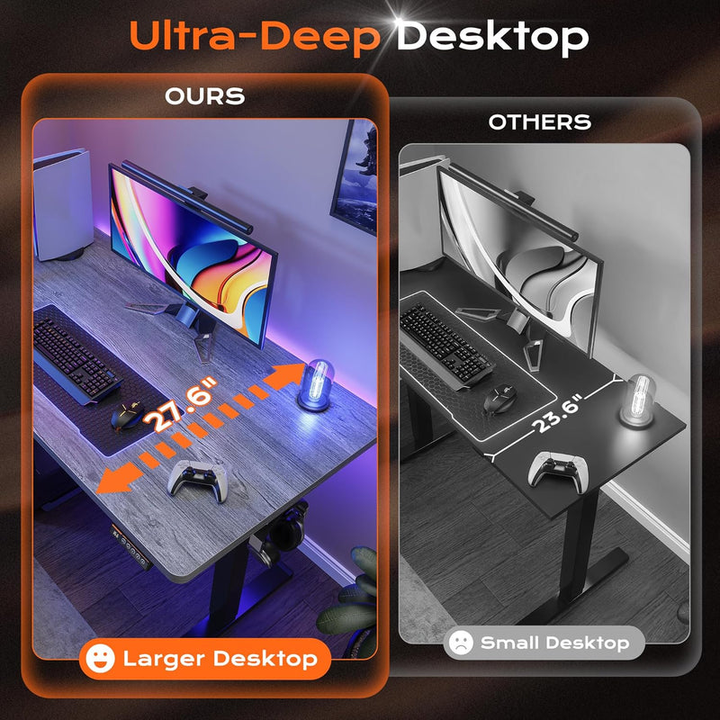 Huuger 55 x 28 Large Electric Standing Desk, Height Adjustable Computer Desk, 27.6" Deep Desktop, Stand up Gaming Office Table with 2 Hooks, 3 Preset Heights, for Home Office, Black