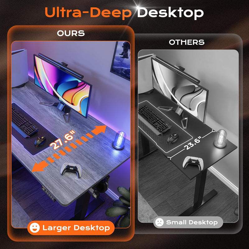 Huuger 55 x 28 Large Electric Standing Desk, Height Adjustable Computer Desk, 27.6" Deep Desktop, Stand up Gaming Office Table with 2 Hooks, 3 Preset Heights, for Home Office, Black