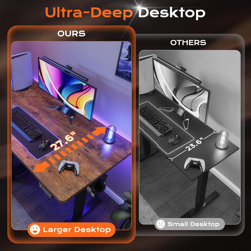 Huuger 55 x 28 Large Electric Standing Desk, Height Adjustable Computer Desk, 27.6" Deep Desktop, Stand up Gaming Office Table with 2 Hooks, 3 Preset Heights, for Home Office, Black